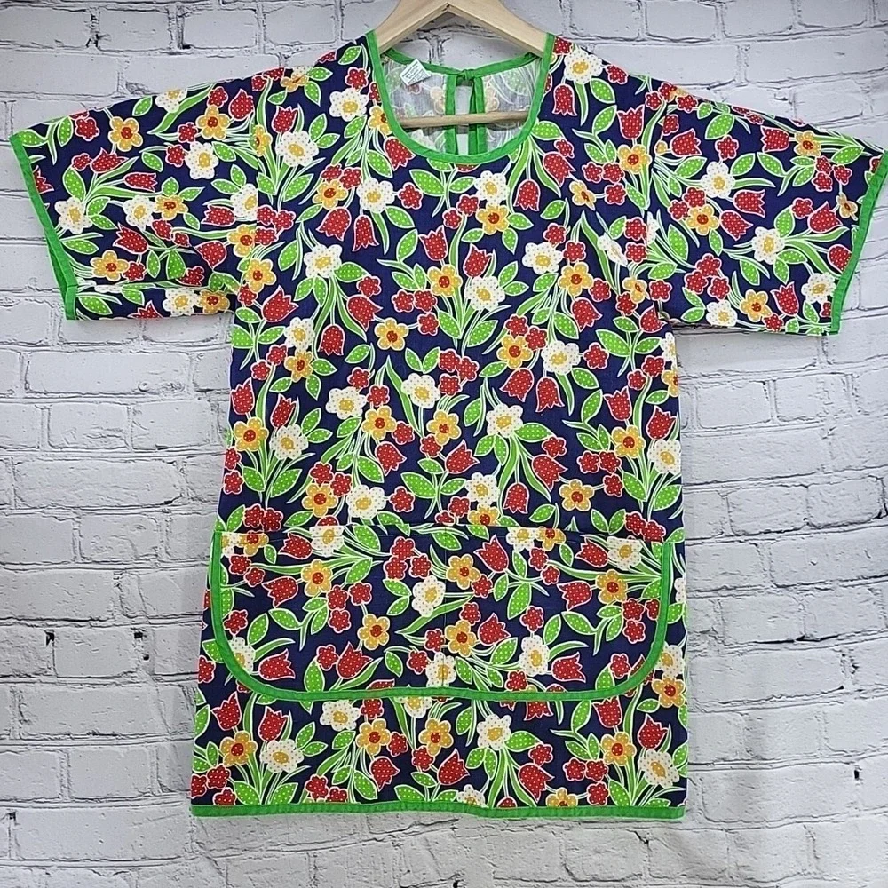 Vintage Childrens Art Smock Full-Coverage Apron Size Me Green Floral Apron Tree‎